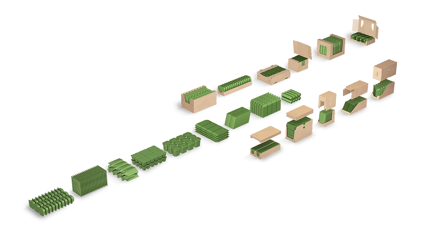 Visualisierung von verschiedenen Kartonverpackungen mit grünen Produkten in diagonaler Anordnung auf transparenten Hintergrund – SOMIC Produktlinie